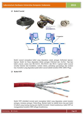 Laboratorium Hardware Universitas Komputer Undonesia 2015
S u t o n o , M . K o m . Page 39
 Kabel Coaxial
Kabel coaxial merupakan kabel yang digunakan untuk jaringan berbentuk lapisan-
lapisan. Kabel ini biasa digunakan dalam jaringan Etherned dan ArcNet. Tipe-tipe
kabel coaxial, antara lain RG-62A/U, RG-58A/U dan RG-8. Lapisan kabel coaxial
tersebut dimulai dari konduktor, isolator dalam, pelindung (grounding) dan isolator
luar. Konektor yang digunakan pada kabel coaxial adalah konektor BNC (BNC Plug).
 Kabel STP
Kabel STP (shielded twisted pair) merupakan kabel yang digunakan untuk koneksi
jaringan, terutama jaringan Token-Ring. Bentuk kabel ini adalah berisi dua pair kabel
(4 kabel) yang masing-masing pair dipilih (twisted). Untuk konektornya, kabel STP ini
menggunakan konektor DB9 sebagai konektornya.
 