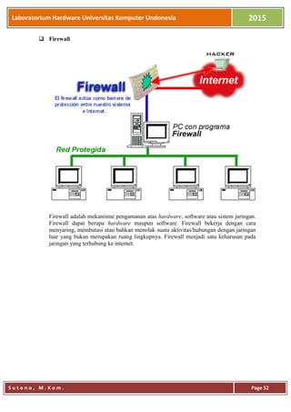 Laboratorium Hardware Universitas Komputer Undonesia 2015
S u t o n o , M . K o m . Page 52
 Firewall
Firewall adalah mekanisme pengamanan atas hardware, software atau sistem jaringan.
Firewall dapat berupa hardware maupun software. Firewall bekerja dengan cara
menyaring, membatasi atau bahkan menolak suatu aktivitas/hubungan dengan jaringan
luar yang bukan merupakan ruang lingkupnya. Firewall menjadi satu keharusan pada
jaringan yang terhubung ke internet.
 