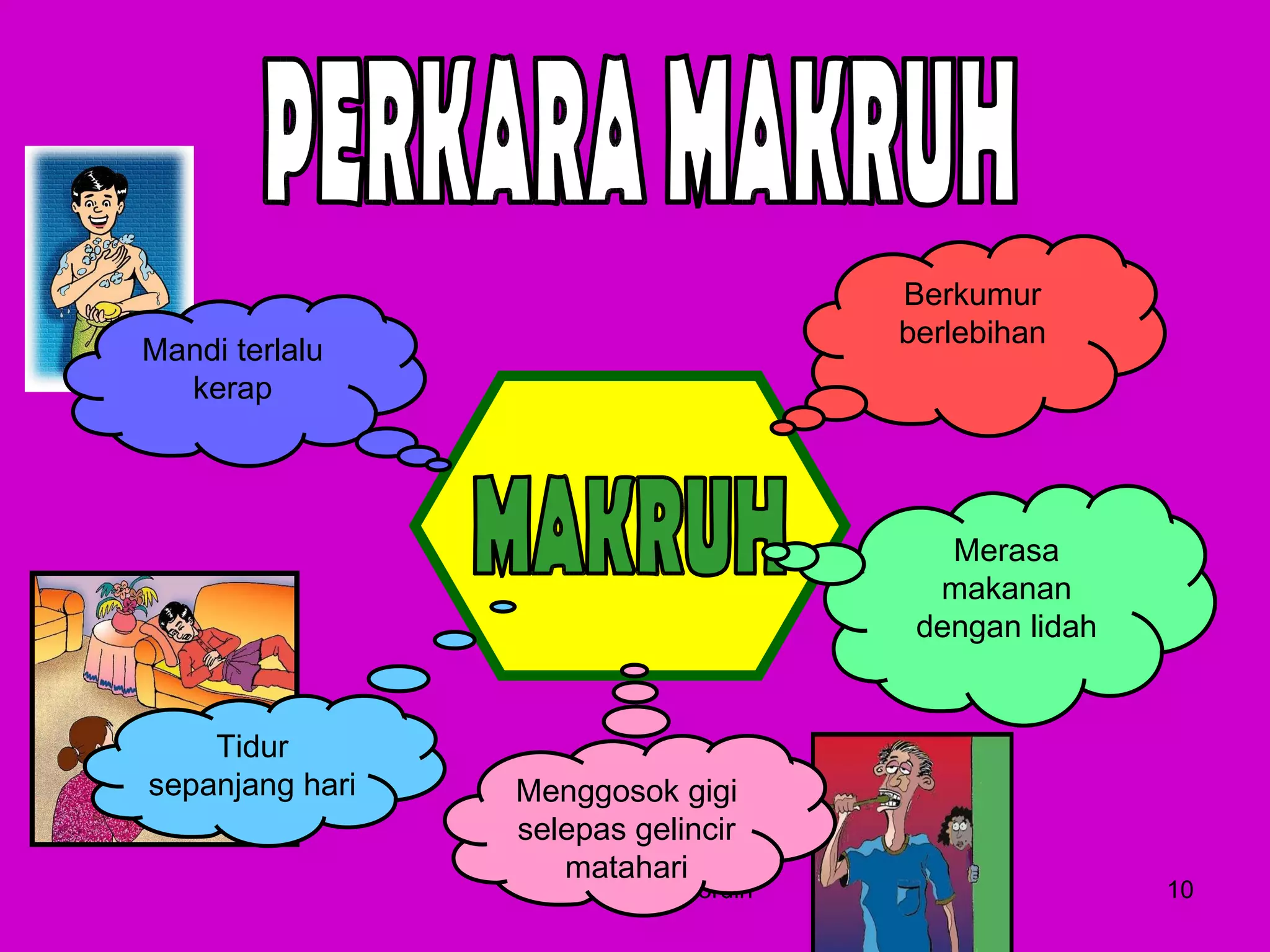 Siti Raudhah Noordin PERKARA MAKRUH Berkumur berlebihan MAKRUH Merasa makanan dengan lidah Tidur sepanjang hari Mandi terlalu kerap Menggosok gigi selepas gelincir matahari 