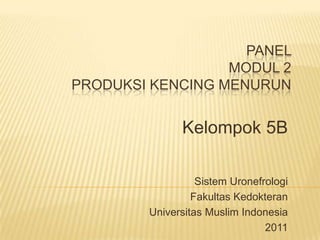 PANEL
MODUL 2
PRODUKSI KENCING MENURUN

Kelompok 5B
Sistem Uronefrologi
Fakultas Kedokteran
Universitas Muslim Indonesia
2011

 