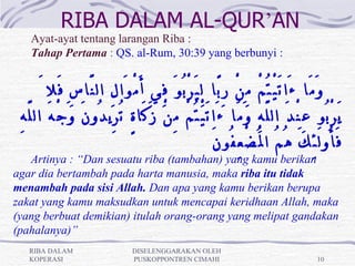 RIBA DALAM AL-QUR’AN
    Ayat-ayat tentang larangan Riba :
    Tahap Pertama : QS. al-Rum, 30:39 yang berbunyi :


          َ ‫وَ مَا ءَا تَ يْ تُ مْ مِ نْ رِ بًا لِ يَ رْ بُ وَ فِي أَ مْ وَا لِ ال نَّا سِ فَل‬
 ِ‫يَ رْ بُو عِ نْ دَ ال لَّ هِ وَ مَا ءَا تَ يْ تُ مْ مِ نْ زَ كَا ةٍ تُ رِي دُو نَ وَ جْ هَ ال لَّ ه‬
                                                              َ‫فَ أُو لَ ئِ كَ هُ مُ ا لُْ ضْ عِ فُو ن‬
   Artinya : “Dan sesuatu riba (tambahan) yang kamu berikan
agar dia bertambah pada harta manusia, maka riba itu tidak
menambah pada sisi Allah. Dan apa yang kamu berikan berupa
zakat yang kamu maksudkan untuk mencapai keridhaan Allah, maka
(yang berbuat demikian) itulah orang-orang yang melipat gandakan
(pahalanya)”
   RIBA DALAM                       DISELENGGARAKAN OLEH
   KOPERASI                         PUSKOPPONTREN CIMAHI                                      10
 