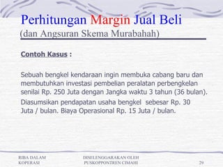 Perhitungan Margin Jual Beli
(dan Angsuran Skema Murabahah)

Contoh Kasus :


Sebuah bengkel kendaraan ingin membuka cabang baru dan
membutuhkan investasi pembelian peralatan perbengkelan
senilai Rp. 250 Juta dengan Jangka waktu 3 tahun (36 bulan).
Diasumsikan pendapatan usaha bengkel sebesar Rp. 30
Juta / bulan. Biaya Operasional Rp. 15 Juta / bulan.




RIBA DALAM          DISELENGGARAKAN OLEH
KOPERASI            PUSKOPPONTREN CIMAHI                 29
 