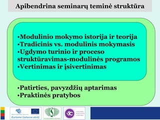 •Modulinio mokymo istorija ir teorija
•Tradicinis vs. modulinis mokymasis
•Ugdymo turinio ir proceso
struktūravimas-modulinės programos
•Vertinimas ir įsivertinimas
Apibendrina seminarų teminė struktūra
•Patirties, pavyzdžių aptarimas
•Praktinės pratybos
 