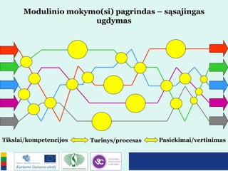 Modulinio mokymo(si) pagrindas – sąsajingas
ugdymas
Tikslai/kompetencijos Turinys/procesas Pasiekimai/vertinimas
 
