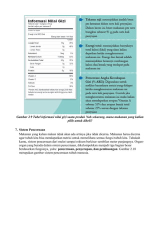 Gambar 2.9 Tabel informasi nilai gizi suatu produk Nah sekarang, mana makanan yang kalian
pilih untuk dibeli?
7. Sistem Pencernaan
Makanan yang kalian makan tidak akan ada artinya jika tidak dicerna. Makanan harus dicerna
agar tubuh kita bisa mendapatkan nutrisi untuk memelihara semua fungsi tubuh kita. Tahukah
kamu, sistem pencernaan dari mulut sampai rektum berkisar sembilan meter panjangnya. Organ-
organ yang berada dalam sistem pencernaan, dikelompokkan menjadi tiga bagian besar
berdasarkan fungsinya, yaitu: pencernaan, penyerapan, dan pembuangan. Gambar 2.10
merupakan gambar sistem pencernaan tubuh manusia.
 