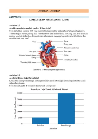 LAMPIRAN- LAMPIRAN
LAMPIRAN 1
LEMBAR KERJA PESERTA DIDIK (LKPD)
Aktivitas 2.7
Ayo kita amati dan analisis gambar di bawah ini!
Coba perhatikan Gambar 2.18 yang memperlihatkan struktur jantung beserta bagian-bagiannya.
Terlihat bagian bawah jantung atau ventrikel lebih tebal dan memiliki otot yang kuat. Ber dasarkan
gambar tersebut, diskusikan dengan teman sebangkumu mengapa bagian tersebut lebih tebal dan
memiliki otot yang kuat?
Gambar 2.18 Struktur jantung manusia
Aktivitas 2.8
Ayo Kita Hitung Laju Darah Kita!
Ketika kita sedang berolahraga, jantung memompa darah lebih cepat dibandingkan ketika kalian
sedang beristirahat.
Coba bacalah grafik di bawah ini dan tariklah kesimpulan!
 