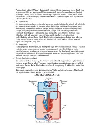 Plasma darah, sekitar 55% dari darah adalah plasma. Plasma merupakan cairan darah yang
tersusun dari 90% air, sedangkan 10% sisanya adalah material-material yang terlarut di
dalamnya. Plasma darah membawa nutrisi, seperti glukosa, lemak, vitamin, asam amino,
dan mineral. Plasma darah juga membawa karbondioksida dan sampah hasil metabolisme
sel untuk dikeluarkan.
2) Sel darah merah
Sel darah merah membawa oksigen dari paruparu untuk diedarkan ke seluruh sel-sel tubuh.
Sel darah merah diproduksi di sumsum tulang dan terbuat dari hemoglobin, yaitu suatu
protein yang mengandung besi dan mampu mengikat oksigen. Hemoglobin mengambil
oksigen dari paru-paru kemudian melepaskan oksigen saat darah mengalir melalui
pembuluh darah kapiler. Hemoglobin juga mengambil sedikit karbon dioksida yang
dihasilkan oleh sel, sementara yang bertugas untuk membawa sebagian besar
karbondioksida adalah plasma darah. Karbon dioksida dilepaskan dari paru-paru ketika
kalian menghembuskan napas. Umur sel darah merah kalian sekitar 120 hari sebelum
digantikan dengan sel yang baru.
3) Sel darah putih
Sama dengan sel darah merah, sel darah putih juga diproduksi di sumsum tulang. Sel darah
putih berfungsi untuk melawan kuman-kuman penyebab penyakit. Sel darah putih
memiliki struktur yang berbeda dengan sel darah merah. Sel darah putih memiliki nukleus
dan berukuran lebih besar. Umur sel darah putih bervariasi tergantung jenisnya, ada yang
berumur beberapa jam, hari, bahkan tahunan.
4) Keping darah atau trombosit
Ketika kalian terluka dan mengeluarkan darah, trombosit bekerja untuk menghentikan dan
menutup perdarahan tersebut. Trombosit mengeluarkan cairan kimia yang memproduksi
protein dan disebut fibrin. Fibrin akan membentuk jaring-jaring di sekitar luka kalian dan
menutupnya.
Bagaimana cara darah beredar ke seluruh tubuh? Coba perhatikan Gambar 2.20 di bawah
ini, bagaimana cara darah beredar ke seluruh tubuh.
 