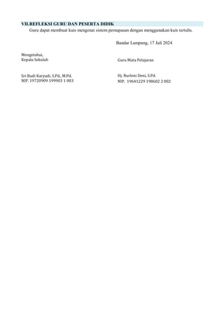 VII.REFLEKSI GURU DAN PESERTA DIDIK
Guru dapat membuat kuis mengenai sistem pernapasan dengan menggunakan kuis tertulis.
Bandar Lampung, 17 Juli 2024
Mengetahui,
Kepala Sekolah Guru Mata Pelajaran
Sri Budi Karyadi, S.Pd., M.Pd. Hj. Nurleni Deni, S.Pd.
NIP. 19720909 199903 1 003 NIP. 19641229 198602 2 002
 