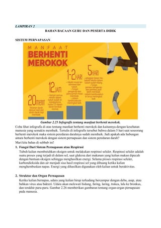 LAMPIRAN 2
BAHAN BACAAN GURU DAN PESERTA DIDIK
SISTEM PERNAPASAN
Gambar 2.25 Infografis tentang manfaat berhenti merokok.
Coba lihat infografis di atas tentang manfaat berhenti merokok dan kaitannya dengan kesehatan
manusia yang semakin membaik. Tertulis di infografis tersebut bahwa dalam 5 hari saat seseorang
berhenti merokok maka sistem peredaran darahnya sudah membaik. Jadi apakah ada hubungan
antara berhenti merokok dengan sistem pernapasan dan sistem peredaran darah?
Mari kita bahas di subbab ini!
1. Fungsi Dari Sistem Pernapasan atau Respirasi
Tubuh kalian membutuhkan oksigen untuk melakukan respirasi seluler. Respirasi seluler adalah
suatu proses yang terjadi di dalam sel, saat glukosa dari makanan yang kalian makan dipecah
dengan bantuan oksigen sehingga menghasilkan energi. Selama proses respirasi seluler,
karbondioksida dan air menjadi sisa hasil respirasi sel yang dibuang ketika kalian
menghembuskan napas. Energi yang dihasilkan digunakan oleh kalian untuk beraktivitas.
2. Struktur dan Organ Pernapasan
Ketika kalian bernapas, udara yang kalian hirup terkadang bercampur dengan debu, asap, atau
bahkan virus atau bakteri. Udara akan melewati hidung, faring, laring, trakea, lalu ke bronkus,
dan terakhir paru-paru. Gambar 2.26 memberikan gambaran tentang organ-organ pernapasan
pada manusia.
 