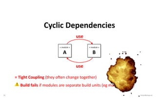 31 VictorRentea.ro
Cyclic Dependencies
« module »
A
« module »
B
= Tight Coupling (they oEen change together)
⚠ Build fails if modules are separate build units (eg maven/gradle)
use
use
 