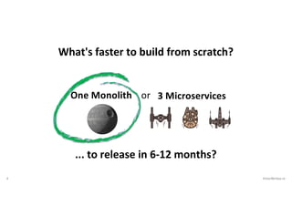4 VictorRentea.ro
What's faster to build from scratch?
One Monolith or 3 Microservices
... to release in 6-12 months?
 