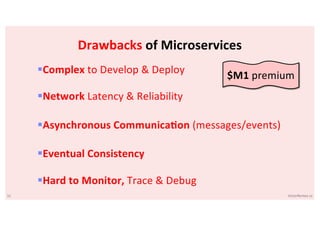 51 VictorRentea.ro
Drawbacks of Microservices
§Complex to Develop & Deploy
§Network Latency & Reliability
§Asynchronous CommunicaGon (messages/events)
§Eventual Consistency
§Hard to Monitor, Trace & Debug
$M1 premium
 