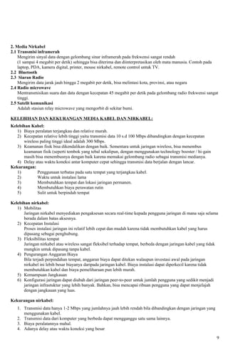 2. Media Nirkabel
2.1 Transmisi inframerah
    Mengirim sinyal data dengan gelombang sinar inframerah pada frekwensi sangat rendah
    (1 sampai 4 megabit per detik) sehingga bisa diterima dan diinterpretasikan oleh mata manusia. Contoh pada
    laptop, PDA, kamera digital, printer, mouse nirkabel, remote control untuk TV.
2.2 Bluetooth
2.3 Siaran Radio
    Mengirim data jarak jauh hingga 2 megabit per detik, bisa melintasi kota, provinsi, atau negara
2.4 Radio microwave
    Mentransmisikan suara dan data dengan kecepatan 45 megabit per detik pada gelombang radio frekwensi sangat
    tinggi.
2.5 Satelit komunikasi
    Adalah stasiun relay microwave yang mengorbit di sekitar bumi.

KELEBIHAN DAN KEKURANGAN MEDIA KABEL DAN NIRKABEL:
Kelebihan Kabel:
   1) Biaya peralatan terjangkau dan relative murah.
   2) Kecepatan relative lebih tinggi yaitu transmisi data 10 s.d 100 Mbps dibandingkan dengan kecepatan
      wireless paling tinggi ideal adalah 300 Mbps.
   3) Keamanan fisik bisa dikendalikan dengan baik. Sementara untuk jaringan wireless, bisa menembus
      keamanan fisik (seperti tembok yang tebal sekalipun, dengan menggunakan technology booster / hi-gain
      masih bisa menembusnya dengan baik karena memakai gelombang radio sebagai transmisi medianya.
   4) Delay atau waktu koneksi antar komputer cepat sehingga transmisi data berjalan dengan lancar.
Kekurangan:
   1)        Penggunaan terbatas pada satu tempat yang terjangkau kabel.
   2)        Waktu untuk instalasi lama
   3)        Membutuhkan tempat dan lokasi jaringan permanen.
   4)        Membutuhkan biaya perawatan rutin
   5)        Sulit untuk berpindah tempat

Kelebihan nirkabel:
   1) Mobilitas
      Jaringan nirkabel menyediakan pengaksesan secara real-time kepada pengguna jaringan di mana saja selama
      berada dalam batas aksesnya.
   2) Kecepatan Instalasi
      Proses instalasi jaringan ini relatif lebih cepat dan mudah karena tidak membutuhkan kabel yang harus
      dipasang sebagai penghubung.
   3) Fleksibilitas tempat
      Jaringan nirkabel atau wireless sangat fleksibel terhadap tempat, berbeda dengan jaringan kabel yang tidak
      mungkin untuk dipasang tanpa kabel.
   4) Pengurangan Anggaran Biaya
      Bila terjadi perpindahan tempat, anggaran biaya dapat ditekan walaupun investasi awal pada jaringan
      nirkabel ini lebih besar biayanya daripada jaringan kabel. Biaya instalasi dapat diperkecil karena tidak
      membutuhkan kabel dan biaya pemeliharaan pun lebih murah.
   5) Kemampuan Jangkauan
   6) Konfigurasi jaringan dapat diubah dari jaringan peer-to-peer untuk jumlah pengguna yang sedikit menjadi
      jaringan infrastuktur yang lebih banyak. Bahkan, bisa mencapai ribuan pengguna yang dapat menjelajah
      dengan jangkauan yang luas.

Kekurangan nirkabel:
   1. Transmisi data hanya 1-2 Mbps yang jumlahnya jauh lebih rendah bila dibandingkan dengan jaringan yang
      menggunakan kabel.
   2. Transmisi data dari komputer yang berbeda dapat mengganggu satu sama lainnya.
   3. Biaya peralatannya mahal.
   4. Adanya delay atau waktu koneksi yang besar

                                                                                                               9
 