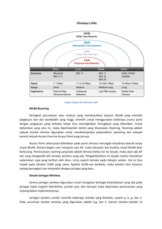 Bagian-bagian dari Wireless LAN

       WLAN Roaming

        Seringkali perusahaan atau institusi yang membutuhkan layanan WLAN yang memiliki
jangkauan dan dan bandwidth yang tinggi, memilih untuk menggunakan beberapa access point
dengan jangkauan yang terbatas tetapi bisa meningkatkan throughput yang dihasilkan. Untuk
kebutuhan yang satu ini, maka diperlukanlah teknik yang dinamakan Roaming. Roaming adalah
sebuah kondisi dimana digunakan untuk mendeskripsikan perpindahan switching dari wilayah
kontrol sebuah Access Point ke Access Point yang lainnya.

        Access Point seharusnya diletakkan pada posisi dimana mencegah terjadinya daerah tanpa
sinyal WLAN. Dimana begitu user menjauhi satu AP, maka kekuatan dan kualitas sinyal WLAN akan
berkurang. Perencanaan roaming yang baik adalah dimana ketika hal itu terjadi, maka akan ada AP
lain yang mengambil alih koneksi wireless yang ada. Pengambilalihan ini terjadi melalui koordinasi
sedemikian rupa yang terlihat oleh klien, mirip seperti koneksi pada telepon seluler. Hal ini bisa
terjadi pada koneksi VLAN yang sama. Apabila VLAN-nya berbeda, maka koneksi bisa terputus
sampai perangkat user terkoneksi dengan jaringan yang baru.

       Desain Jaringan Wireless

        Karena jaringan wireless digunakan untuk mengatasi berbagai keterbatasan yang ada pada
jaringan kabel (seperti fleksibilitas, jumlah user, dan lainnya) maka diperlukan perencanaan yang
matang dalam implementasinya.

      Jaringan wireless sendiri memiliki beberapa standar yang berbeda, seperti a, b, g, dan n.
Pada umumnya standar wireless yang digunakan adalah b,g, dan n. Karena standar-standar ini
 