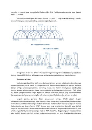 memiliki 14 channel yang kompatibel di frekuensi 2,4 GHz. Tapi kebanyakan standar yang dipakai
hanya 11 channel.

       Dari semua channel yang ada hanya channel 1, 6, dan 11 yang tidak overlapping. Channel-
channel inilah yang biasanya disetting pada access point yang ada.




       Dari gambar di atas bisa dilihat bahwaspektrum gelombang standar 802.11a sangat berbeda
dengan standar 802.11b/g/n. Sehingga standar a tidaklah kompatibel dengan standar lainnya.

       Keamanan Jaringan

         Suatu jaringan kabel bisa lebih aman daripada jaringan wireless sebab dalam kenyataannya
seorang penyerang untuk masuk ke jaringan haruslah memiliki media kabel dan portnya. Berbeda
dengan jaringan wireless yang dimana penyerang hanya perlu melihat sinyal yang ia bisa tangkap
dengan wireless adapternya dan tinggal mengkoneksikan ke jaringan yang diinginkan. Oleh sebab
itu, dalam jaringan wireless sangat diperlukan adanya keamanan jaringan yang bisa memastikan
bahwa pengguna di areanya memang berhak untuk mendapat hak akses atas jaringan tersebut.

        Langkah penting pertama dalam pengamanan jaringan WLAN adalah dengan
mengautentikasi dan mengenkripsi paket data dari klien. Hal pertama yang dilakukan jaringan adalah
melakukan autentikasi klien dengan metode Extensible Authentication Protocol (EAP) dan Flexible
Authentication via Secure Tunnel (FAST) dimana user yang terautentikasi benarlah yang berhak
lanjut ke fase berikutnya. Setelah terautentikasi maka dilanjutkan dengan enkripsi komunikasi data
untuk penyerahan kunci enkripsi dengan metode WPA atau WPA2 (tergantung dari metode enkripsi
yang dipilih). Setelah EAP-FAST berhasil maka sepasang master key akan dihasilkan(PMK/Pairwise
 