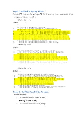 Tugas 7: Memeriksa Routing Tables.
Jaringan LAN yang terhubung dengan R1 dan R3 sekarang harus masuk dalam ketiga

routing table. Ketikkan perintah :
      R2#show ip route
Output            :




      R1#show ip route
Output    :




      R3#show ip route
Output    :




Tugas 8 : Verifikasi Konektivitas Jaringan.
Langkah – langkah :

    1. Cek konektivitas antara router R2 ke PC.
         R2#ping [ip address PC] .
    2. Cek konektivitas antar PC dalam jaringan.
 