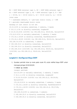 N1 - OSPF NSSA external type 1, N2 - OSPF NSSA external type 2
E1 - OSPF external type 1, E2 - OSPF external type 2, E - EGP
i - IS-IS, L1 - IS-IS level-1, L2 - IS-IS level-2, ia - IS-IS
inter area
* - candidate default, U - per-user static route, o - ODR
P - periodic downloaded static route
Gateway of last resort is not set
10.0.0.0/8 is variably subnetted, 2 subnets, 2 masks
C 10.1.1.1/32 is directly connected, Loopback0
O 10.10.10.0/24 [110/65] via 192.168.10.2, 00:01:02, Serial0/0/0
172.16.0.0/16 is variably subnetted, 2 subnets, 2 masks
C 172.16.1.16/28 is directly connected, FastEthernet0/0
O 172.16.1.32/29 [110/65] via 192.168.10.6, 00:01:12, Serial0/0/1
192.168.10.0/30 is subnetted, 3 subnets
C 192.168.10.0 is directly connected, Serial0/0/0
C 192.168.10.4 is directly connected, Serial0/0/1
O 192.168.10.8 [110/128] via 192.168.10.6, 00:01:12, Serial0/0/1
[110/128] via 192.168.10.2, 00:01:02, Serial0/0/0
R1#


Langkah 8 : Konfigurasi Biaya OSPF

  1. Gunakan perintah show ip route pada router R1 untuk melihat biaya OSPF untuk

      mencapai jaringan 10.10.10.0/24.
      R1#show ip route
      <output omitted>
      10.0.0.0/8 is variably subnetted, 2 subnets, 2 masks
      C 10.1.1.1/32 is directly connected, Loopback0
      O 10.10.10.0/24 [110/65] via 192.168.10.2, 00:16:56,
      Serial0/0/0
      172.16.0.0/16 is variably subnetted, 2 subnets, 2 masks
      C 172.16.1.16/28 is directly connected, FastEthernet0/0
      O 172.16.1.32/29 [110/65] via 192.168.10.6, 00:17:06,
      Serial0/0/1
      192.168.10.0/30 is subnetted, 3 subnets
      C 192.168.10.0 is directly connected, Serial0/0/0
      C 192.168.10.4 is directly connected, Serial0/0/1
 