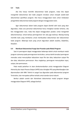 Modul Pelatihan Junior Programming 108
6.3 Tools
Jika kita hanya memiliki dokumentasi kode program, maka kita dapat
mengambil dokumentasi dari kode program tersebut untuk menjadi seolah-olah
dokumentasi spesifikasi program. Kita harus menggunakan tools untuk melakukan
pengambilan dokumentasi kode program dengan menggunakan tools.
Agar dokumentasi dalam kode program dapat diambil oleh tools yang akan
digunakan, maka cara penulisan dokumentasi harus mengikuti standar tertentu. Jika
kita menggunakan Java, maka kita dapat menggunakan javadoc untuk mengambil
dokumentasinya. Untuk bahasa pemrograman lain ada juga toolsnya. Masing-masing
memiliki tools yang membantu untuk membuatkan dokumentasi dari dokumentasi
kode program. Beberapa tools yang umum digunakan adalah JavaDoc, DelphiDoc,
DoxyGen.
6.4 Membuat Dokumentasi Fungsi dan Prosedur pada Modul Program
Saat ini pemrogram dapat menggunakan beberapa teknik untuk membuat modul
program utamanya pada pemrograman terstruktur, semua teknik tersebut pemrogram
mencoba untuk menunjukkan kebutuhan input file dan data, kebutuhan output file
dan data, kebutuhan pemrosesan. Atau singkatnya, pemrogram menunjukkan input,
output, dan pemrosesan.
Pada modul pelatihan ini akan direkomendasikan untuk menggunakan Diagram
Hierarchy plus Input-Process-Output (HIPO) atau disingkat IPO yang dikembangkan dan
dipromosikan oleh IBM. Teknik ini sangat luas digunakan pada dokumentasi program
Terstruktur, dan merupakan pilihan terbaik untuk standar dunia industri.
Berikut adalah contoh dari Worksheet dokumentasi modul program dengan
menggunakan Diagram HIPO, sebagai berikut:
 