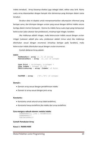Modul Pelatihan Junior Programming 29
indeks tersebut) . Array biasanya disebut juga sebagai tabel, vektor atau larik. Nama
suatu array diasosiasikan dengan banyak nilai elemennya yang disimpan dalam nama
tersebut.
Struktur data ini dipakai untuk merepresentasikan sekumpulan informasi yang
bertype sama, dan disimpan dengan urutan yang sesuai dengan definisi indeks secara
kontigu dalam memori komputer . Karena itu indeks harus suatu type yang mempunyai
keterurutan (ada suksesor dan predesesor), misalnya type integer, karakter.
Jika indeksnya adalah integer, maka keterurutan indeks sesuai dengan urutan
integer (suksesor adalah plus satu, predesesor adalah minus satu) Jika indeksnya
ditentukan sesuai dengan enumerasi (misalnya bertype pada karakter), maka
keterurutan indeks ditentukan sesuai dengan urutan enumerasi.
Contoh deklarasi Array adalah:
KAMUS
TabNamaHari: array [1..7] of string
TabJumlahHari : array [1..12] of integer
type Point : <x:integer, y:integer >
type Indeks : integer [1..10]
TabTitikSurvey : array [Indeks] of Point
TabFREK : array ['A'..'Z'] of integer
Domain :
 Domain array sesuai dengan pendefinisian indeks
 Domain isi array sesuai dengan jenis array
Konstanta :
 Konstanta untuk seluruh array tidak terdefinisi,
 Konstanta hanya terdefinisi jika indeks dari array terdefinisi
Cara mengacu sebuah elemen: melalui indeks
TabNamaHarii, jika i terdefinisi
TabNamaHari7
TabJumlahHari3
Contoh Pemakaian Array
Kasus-1 : NAMA HARI
 