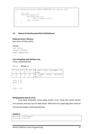 Modul Pelatihan Junior Programming 37
3.5 Operasi Aritmatika pada Matrik Multidimensi
Deklarasi Array 1 Dimensi
tipe nama_var[max_data];
Contoh:
int a[5];
float x[100];
char nama[25];
...
Cara mengakses data bertipe array
nama_variabel[alamat]
Misal : Array a
27 23 35 46 87  data yang tersimpan di
array
0 1 2 3 4  alamat array (dimulai
dari 0)
a[0] = 27
a[1] = 23
.
.
a[4] = 87
Menginputkan data ke array
Data dapat diinputkan untuk setiap emelen array. Tetapi jika jumlah elemen
array banyak, tentunya cara ini tidak efisien. Oleh karena itu dapat digunakan bantuan
instruksi perulangan untuk input datanya.
Contoh 1:
#include <iostream.h>
#include <conio.h>
void cetak_matriks(int MatX[][MATSIZE],int bar,int kol)
{
int i,j;
for(i=0;i<bar;i++){
for(j=0;j<kol;j++)
cout << MatX[i][j]);
cout << endl;
}
}
 