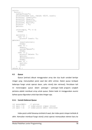 Modul Pelatihan Junior Programming 78
init();
for(;;) {
system("clear");
printf("Linked List. Jumlah: %dn", count);
printf("1. Insertn");
printf("2. Shown");
printf("3. Deleten");
printf("4. Exitn");
printf(" : ");
gets(s);
if(strcmp(s, "") == 0)
break;
switch(*s) {
case '1' :
printf(" Insert: ");
gets(e);
insert(atoi(e));
break;
case '2' :
show();
system("pause");
break;
case '3' :
printf(" Delete: ");
gets(s);
delete(atoi(s));
break;
case '4' :
exit(0);
break;
} }
return 0; }
4.5 Queue
Queue (antrian) dibuat menggunakan array dan dua buah variabel bertipe
integer yang menunjukkan posisi awal dan akhir antrian. Dalam queue terdapat
beberapa fungsi untuk operasi dasar, yaitu store() dan retrieve(). Percobaan kali
ini menerangkan queue dalam potongan – potongan kode program. Langkah
pertama adalah membuat array untuk queue. Dalam kode ini menggunakan asumsi
bahwa queue digunakan untuk tipe data integer saja.
4.5.1 Contoh Deklarasi Queue
int queue[MAX]; // antrian
int spos = 0; // index posisi simpan (store)
int rpos = 0; // index posisi ambil (retrieve)
Index posisi ambil biasanya terletak di awal, dan index posisi simpan terletak di
akhir. Kemudian membuat fungsi store() untuk operasi memasukkan elemen baru ke
 