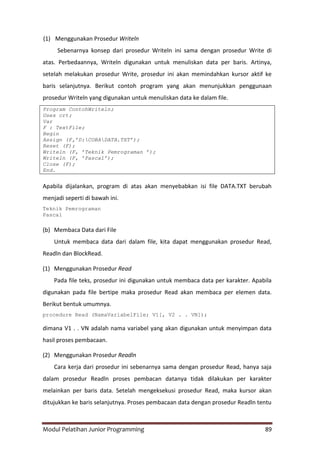 Modul Pelatihan Junior Programming 89
(1) Menggunakan Prosedur Writeln
Sebenarnya konsep dari prosedur Writeln ini sama dengan prosedur Write di
atas. Perbedaannya, Writeln digunakan untuk menuliskan data per baris. Artinya,
setelah melakukan prosedur Write, prosedur ini akan memindahkan kursor aktif ke
baris selanjutnya. Berikut contoh program yang akan menunjukkan penggunaan
prosedur Writeln yang digunakan untuk menuliskan data ke dalam file.
Program ContohWriteln;
Uses crt;
Var
F : TextFile;
Begin
Assign (F,’D:COBADATA.TXT’);
Reset (F);
Writeln (F, ’Teknik Pemrograman ’);
Writeln (F, ’Pascal’);
Close (F);
End.
Apabila dijalankan, program di atas akan menyebabkan isi file DATA.TXT berubah
menjadi seperti di bawah ini.
Teknik Pemrograman
Pascal
(b) Membaca Data dari File
Untuk membaca data dari dalam file, kita dapat menggunakan prosedur Read,
Readln dan BlockRead.
(1) Menggunakan Prosedur Read
Pada file teks, prosedur ini digunakan untuk membaca data per karakter. Apabila
digunakan pada file bertipe maka prosedur Read akan membaca per elemen data.
Berikut bentuk umumnya.
procedure Read (NamaVariabelFile; V1[, V2 . . VN]);
dimana V1 . . VN adalah nama variabel yang akan digunakan untuk menyimpan data
hasil proses pembacaan.
(2) Menggunakan Prosedur Readln
Cara kerja dari prosedur ini sebenarnya sama dengan prosedur Read, hanya saja
dalam prosedur Readln proses pembacan datanya tidak dilakukan per karakter
melainkan per baris data. Setelah mengeksekusi prosedur Read, maka kursor akan
ditujukkan ke baris selanjutnya. Proses pembacaan data dengan prosedur Readln tentu
 
