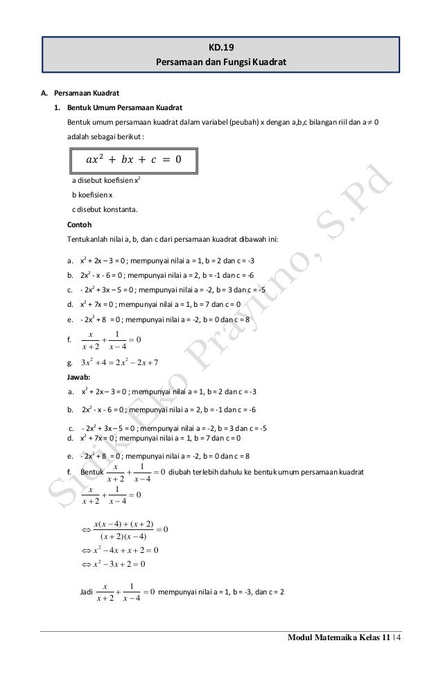 Modul Smk Kurikulum 2013 Kd 3 19 Persamaan Fungsi Kuadrat