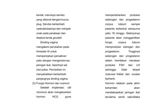 kental, menutupi serviks
yang dikenal denganmucus
plug. Serviks bertambah
vaskularisasinya dan menjadi
unak pada perabaan dan
disebut tanda goodell.
Dinding vagina
mengalami perubahan pada
trimester III untuk
mempersipkan persalinan
yaitu dengan mengendornya
jaringan ikat, hipertropi sel
otot polos. Perubahan ini
menyebabkan bertambah
panjangnya dinding vagina.
(3) Fungsi Hormon dan ovarium
Setelah implantasi, villi
chorionic akan mengeluarkan
hormon HCG guna
mempertahankan produksi
esterogen dan progesteron
corpus luteum sampai
pasenta terbentuk sempurna
yaitu 16 minggu. Selanjutnya
pasenta akan menggantikan
fungsi corpus luteum
memproduksi estrogen dan
progesteron. Tingginya
esterogen dan progesteron
selam hamilakan menekan
produksi FSH dan LH
sehingga tidak terjadi
maturasi folikel dan ovulasi
berhenti.
Hormon relaksin pada akhir
kehamilan akan
merelaksasikan jaringan ikat
terutama sendi sakroiliaka
 