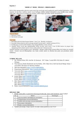 Kegiatan 1
MEMBUAT MODEL MOLEKUL HIDROKARBON
Kali ini kita menggunakan plastisin warna-warni dan tusuk gigi untuk membentuk model molekul hidrokarbon. Pada
kegiatan ini kita akan membuat model visual berbagai struktur molekul hidrokarbon yang memiliki rumus molekul
yang sama. Oleh karena itu marilah kita bermain sambil belajar agar kalian mudah mengingatnya.
Alat dan Bahan:
1. Plastisin 2 warna
2. Satu kotak tusuk gigi
Cara kerja:
1. Bentuklah plastisin bulat dengan diamter 1 atau 2 cm. Buatlah secukupnya.
2. Susunlah bulatan plastisin dan tusuk gigi menjadi bentuk model molekul pentana (C5H12)
3. buatlah juga susunan model molekul yang menggambarkan isomer pentana
4. Ingatlah bahwa tusuk gigi melambangkan ikatan kovalen antar atom C dan H. Oleh karena itu jangan lupa
menghitung bahwa ikatan antar C harus selalu terdiri dari 4 ikatan kovalen.
Lihatlah beberapa contoh gambar di atas. Berlatihlah. Bermain sambil belajar mengasyikkan dan belajar pun menjadi
mudah. Selamat mencoba.Dikumpulkan satu bulan setelah modul ini diterima atau pada saat penukaran modul
berikutnya.
SUMBER BELAJAR
1. Drs. Michael Purba, M.Si. dan Dra. Eti Sarwiyati. 2017. Kimia 2 untuk SMA/ MA Kelas XI. Jakarta:
Erlangga.
2. Nana Sutresna, Dindin Sholehudin dan Tati Herlina. 2016. Buku Siswa Aktif dan Kreatif Belajar Kimia 2
untuk SMA/ MA Kelas XI. Bandung: Grafindo
3. Sifat khas hidrokarbon https://youtu.be/dpklCa0NFXo
4. Pengolongan Hidrokarbom: https://youtu.be/s8z1LNJtFtw
5. Tata nama alkana https://youtu.be/HXzUk70i0wU
Tata nama alkena https://youtu.be/vOBDTkFI37c
Tata nama alkuna https://youtu.be/4VcIrw5GAJI
6. Isomer Alkana https://youtu.be/38tFcT8Gzd4
Isomer Alkena https://youtu.be/Ck8lQit29sI
Isomer Alkuna https://youtu.be/TZ2QjgT1-28
7. Sifat Alkana https://youtu.be/38tFcT8Gzd4
Sifat Alkena https://youtu.be/RFwvlbHmP-w
Sifat Alkuna https://youtu.be/CFhseX0AAc0
8. Reaksi senyawa hidrokarbon https://youtu.be/MDFDYyjFaU8
REFLEKSI DIRI
1. Berilah tanda ceklis (v) pada kolom keterangan berikut jika Anda sudah memahami materi berikut!
No. Materi Keterangan
1 Senyawa karbon dan Kekhasan atom karbon
2 Penggolongan senyawa hidrokarbon
3 Struktur dan tata nama senyawa hidrokarbon
4 Keisomeran hidrokarbon
5 Reaksi senyawa hidrokarbon
2. Apakah anda mampu belajar mandiri di rumah selama pandemi covid-19 ini?
……………………………………………………………………………………………………..
……………………………………………………………………………………………………..
 