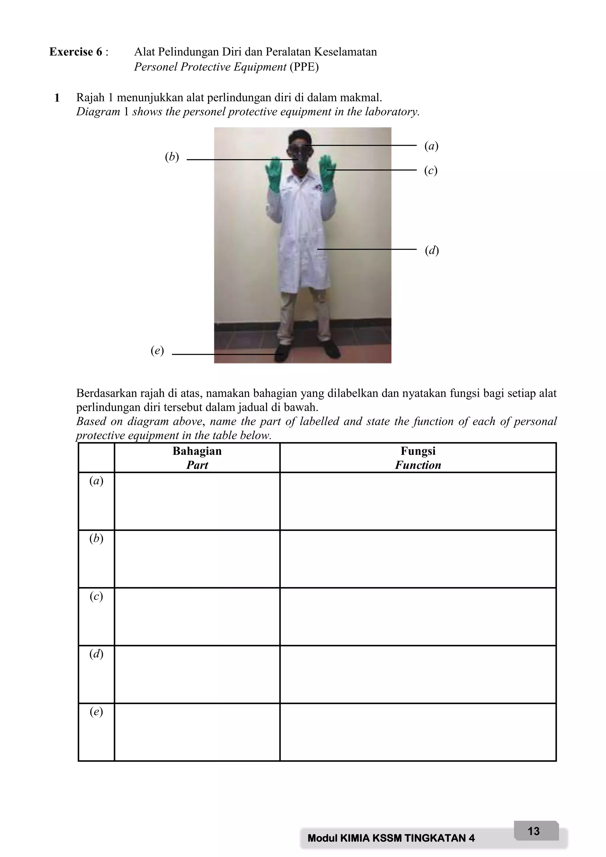 Modul KIMIA KSSM TINGKATAN 4
13
Exercise 6 : Alat Pelindungan Diri dan Peralatan Keselamatan
Personel Protective Equipment (PPE)
1 Rajah 1 menunjukkan alat perlindungan diri di dalam makmal.
Diagram 1 shows the personel protective equipment in the laboratory.
Berdasarkan rajah di atas, namakan bahagian yang dilabelkan dan nyatakan fungsi bagi setiap alat
perlindungan diri tersebut dalam jadual di bawah.
Based on diagram above, name the part of labelled and state the function of each of personal
protective equipment in the table below.
Bahagian
Part
Fungsi
Function
(a)
(b)
(c)
(d)
(e)
(a)
(b)
(c)
(d)
(e)
 