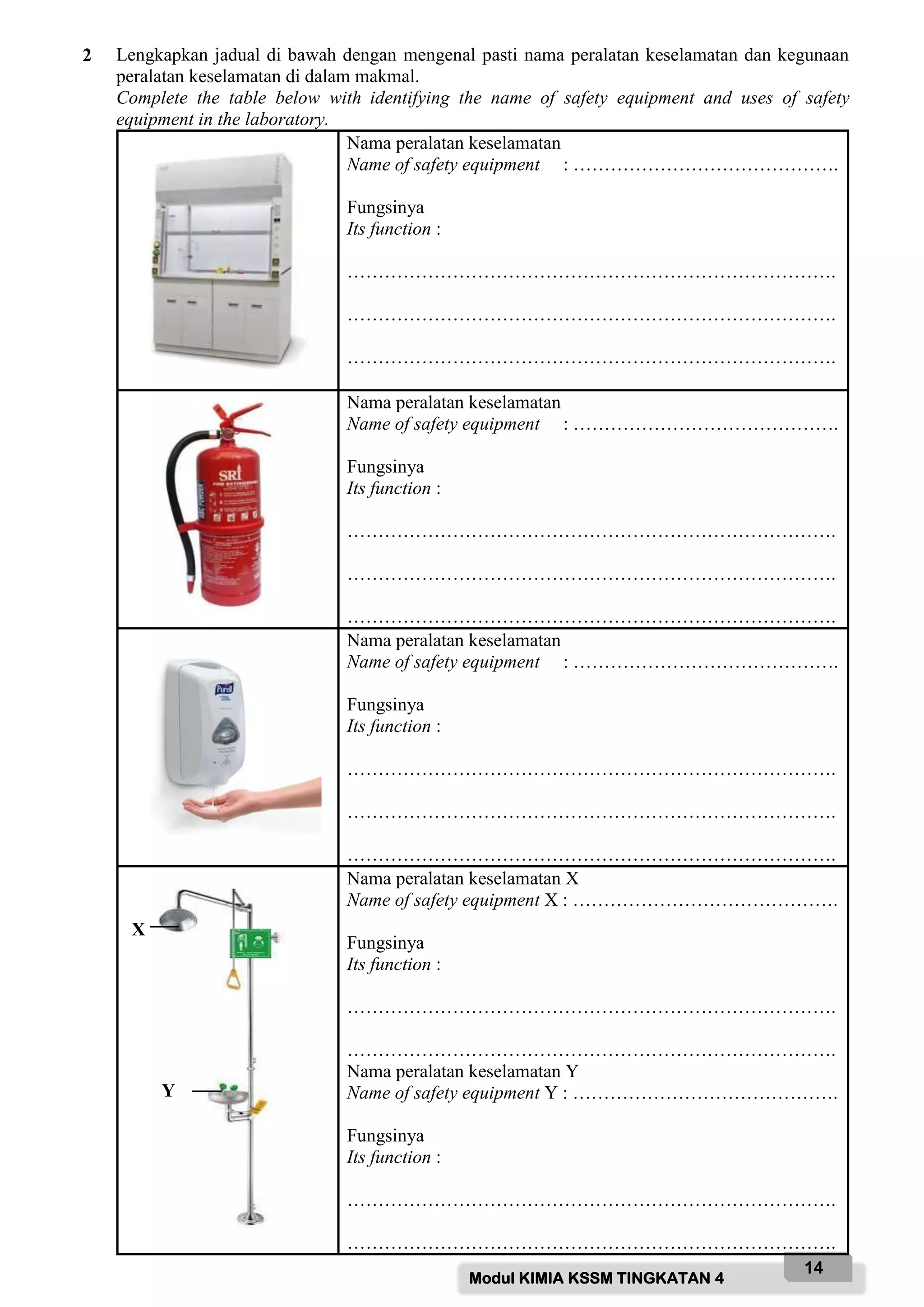 Modul KIMIA KSSM TINGKATAN 4
14
2 Lengkapkan jadual di bawah dengan mengenal pasti nama peralatan keselamatan dan kegunaan
peralatan keselamatan di dalam makmal.
Complete the table below with identifying the name of safety equipment and uses of safety
equipment in the laboratory.
Nama peralatan keselamatan
Name of safety equipment : …………………………………….
Fungsinya
Its function :
…………………………………………………………………….
…………………………………………………………………….
…………………………………………………………………….
Nama peralatan keselamatan
Name of safety equipment : …………………………………….
Fungsinya
Its function :
…………………………………………………………………….
…………………………………………………………………….
…………………………………………………………………….
Nama peralatan keselamatan
Name of safety equipment : …………………………………….
Fungsinya
Its function :
…………………………………………………………………….
…………………………………………………………………….
…………………………………………………………………….
Nama peralatan keselamatan X
Name of safety equipment X : …………………………………….
Fungsinya
Its function :
…………………………………………………………………….
…………………………………………………………………….
Nama peralatan keselamatan Y
Name of safety equipment Y : …………………………………….
Fungsinya
Its function :
…………………………………………………………………….
…………………………………………………………………….
X
Y
 
