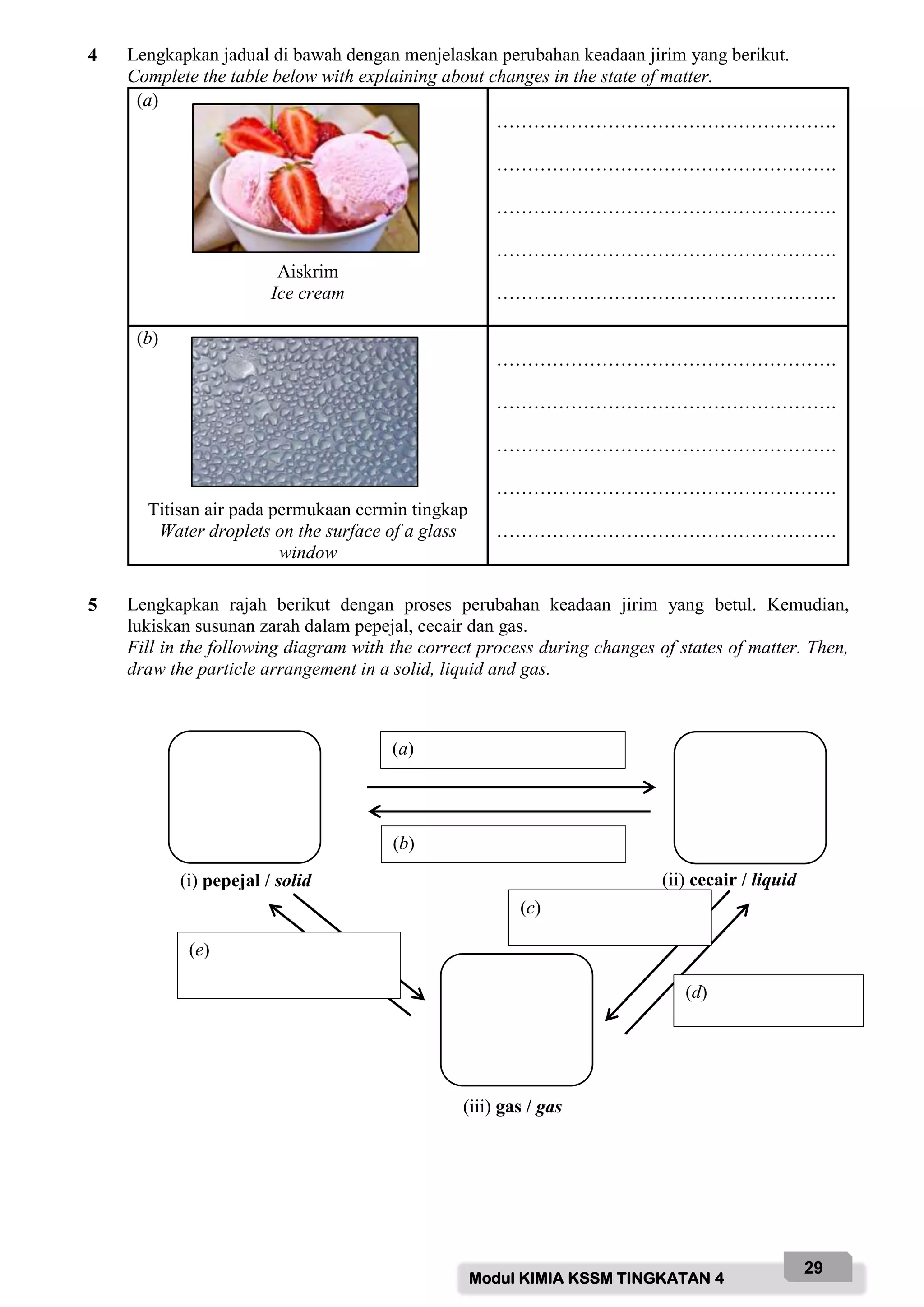 Modul KIMIA KSSM TINGKATAN 4
29
4 Lengkapkan jadual di bawah dengan menjelaskan perubahan keadaan jirim yang berikut.
Complete the table below with explaining about changes in the state of matter.
(a)
Aiskrim
Ice cream
……………………………………………….
……………………………………………….
……………………………………………….
……………………………………………….
……………………………………………….
(b)
Titisan air pada permukaan cermin tingkap
Water droplets on the surface of a glass
window
……………………………………………….
……………………………………………….
……………………………………………….
……………………………………………….
……………………………………………….
5 Lengkapkan rajah berikut dengan proses perubahan keadaan jirim yang betul. Kemudian,
lukiskan susunan zarah dalam pepejal, cecair dan gas.
Fill in the following diagram with the correct process during changes of states of matter. Then,
draw the particle arrangement in a solid, liquid and gas.
(a)
(b)
(e)
(c)
(d)
(iii) gas / gas
(ii) cecair / liquid
(i) pepejal / solid
 