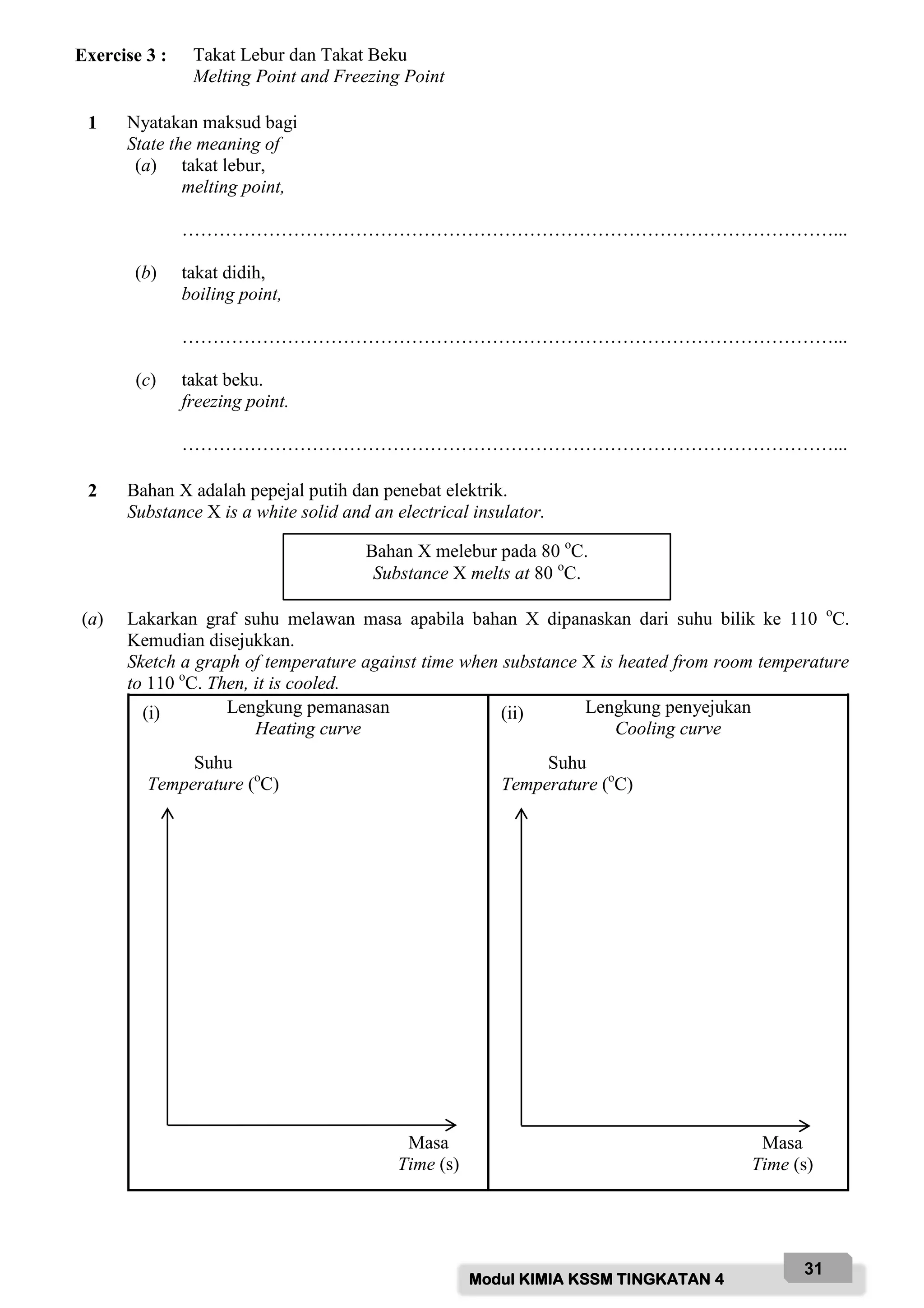 Modul KIMIA KSSM TINGKATAN 4
31
Exercise 3 : Takat Lebur dan Takat Beku
Melting Point and Freezing Point
1 Nyatakan maksud bagi
State the meaning of
(a) takat lebur,
melting point,
……………………………………………………………………………………………...
(b) takat didih,
boiling point,
……………………………………………………………………………………………...
(c) takat beku.
freezing point.
……………………………………………………………………………………………...
2 Bahan X adalah pepejal putih dan penebat elektrik.
Substance X is a white solid and an electrical insulator.
(a) Lakarkan graf suhu melawan masa apabila bahan X dipanaskan dari suhu bilik ke 110 o
C.
Kemudian disejukkan.
Sketch a graph of temperature against time when substance X is heated from room temperature
to 110 o
C. Then, it is cooled.
Lengkung pemanasan
Heating curve
Lengkung penyejukan
Cooling curve
Bahan X melebur pada 80 o
C.
Substance X melts at 80 o
C.
Suhu
Temperature (o
C)
Masa
Time (s)
Suhu
Temperature (o
C)
Masa
Time (s)
(i) (ii)
 