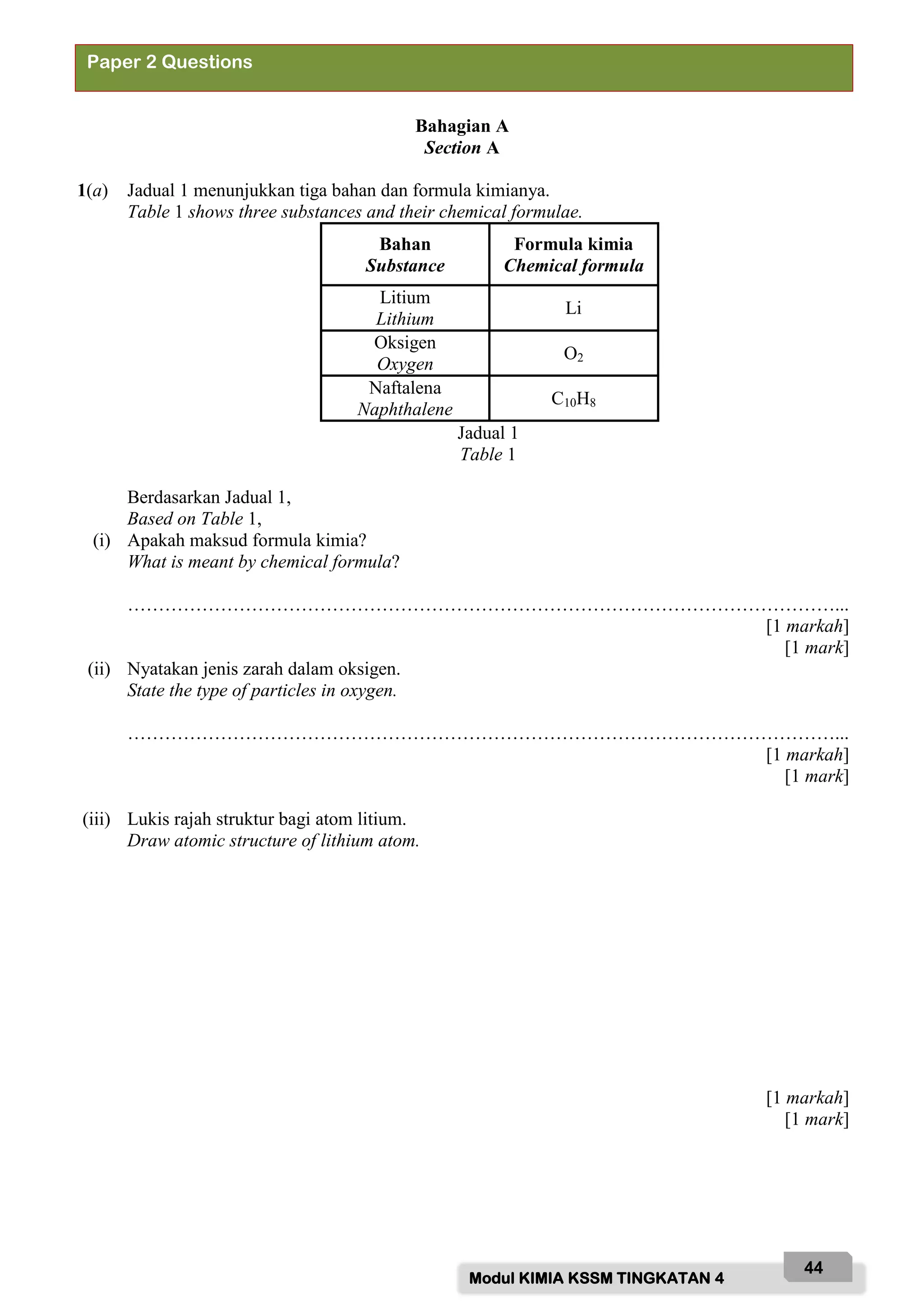 Modul KIMIA KSSM TINGKATAN 4
44
Bahagian A
Section A
1(a) Jadual 1 menunjukkan tiga bahan dan formula kimianya.
Table 1 shows three substances and their chemical formulae.
Bahan
Substance
Formula kimia
Chemical formula
Litium
Lithium
Li
Oksigen
Oxygen
O2
Naftalena
Naphthalene
C10H8
Jadual 1
Table 1
Berdasarkan Jadual 1,
Based on Table 1,
(i) Apakah maksud formula kimia?
What is meant by chemical formula?
……………………………………………………………………………………………………...
[1 markah]
[1 mark]
(ii) Nyatakan jenis zarah dalam oksigen.
State the type of particles in oxygen.
……………………………………………………………………………………………………...
[1 markah]
[1 mark]
(iii) Lukis rajah struktur bagi atom litium.
Draw atomic structure of lithium atom.
[1 markah]
[1 mark]
Paper 2 Questions
 