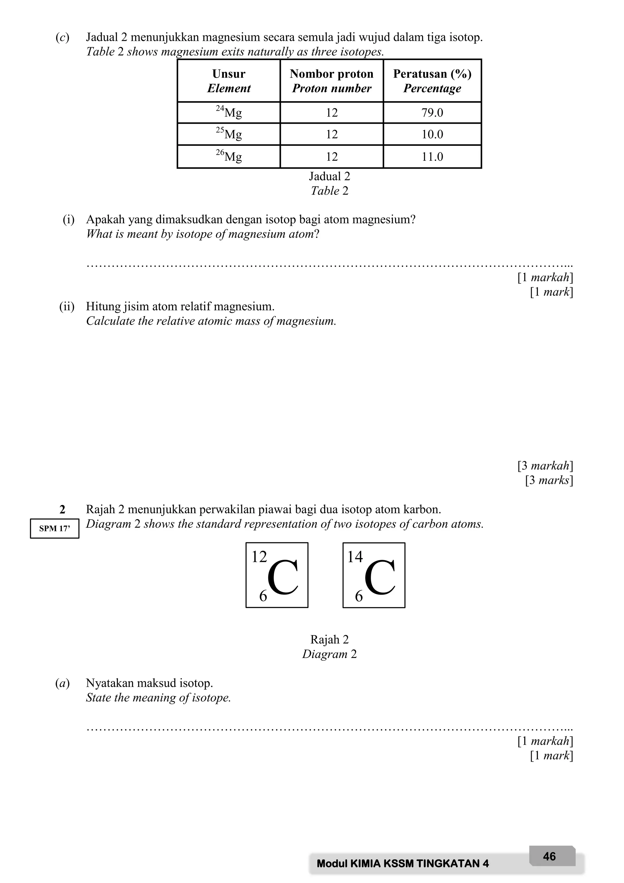 Modul KIMIA KSSM TINGKATAN 4
46
(c) Jadual 2 menunjukkan magnesium secara semula jadi wujud dalam tiga isotop.
Table 2 shows magnesium exits naturally as three isotopes.
Unsur
Element
Nombor proton
Proton number
Peratusan (%)
Percentage
24
Mg 12 79.0
25
Mg 12 10.0
26
Mg 12 11.0
Jadual 2
Table 2
(i) Apakah yang dimaksudkan dengan isotop bagi atom magnesium?
What is meant by isotope of magnesium atom?
……………………………………………………………………………………………………...
[1 markah]
[1 mark]
(ii) Hitung jisim atom relatif magnesium.
Calculate the relative atomic mass of magnesium.
[3 markah]
[3 marks]
2 Rajah 2 menunjukkan perwakilan piawai bagi dua isotop atom karbon.
Diagram 2 shows the standard representation of two isotopes of carbon atoms.
Rajah 2
Diagram 2
(a) Nyatakan maksud isotop.
State the meaning of isotope.
……………………………………………………………………………………………………...
[1 markah]
[1 mark]
SPM 17’
C C
12
6
14
6
 