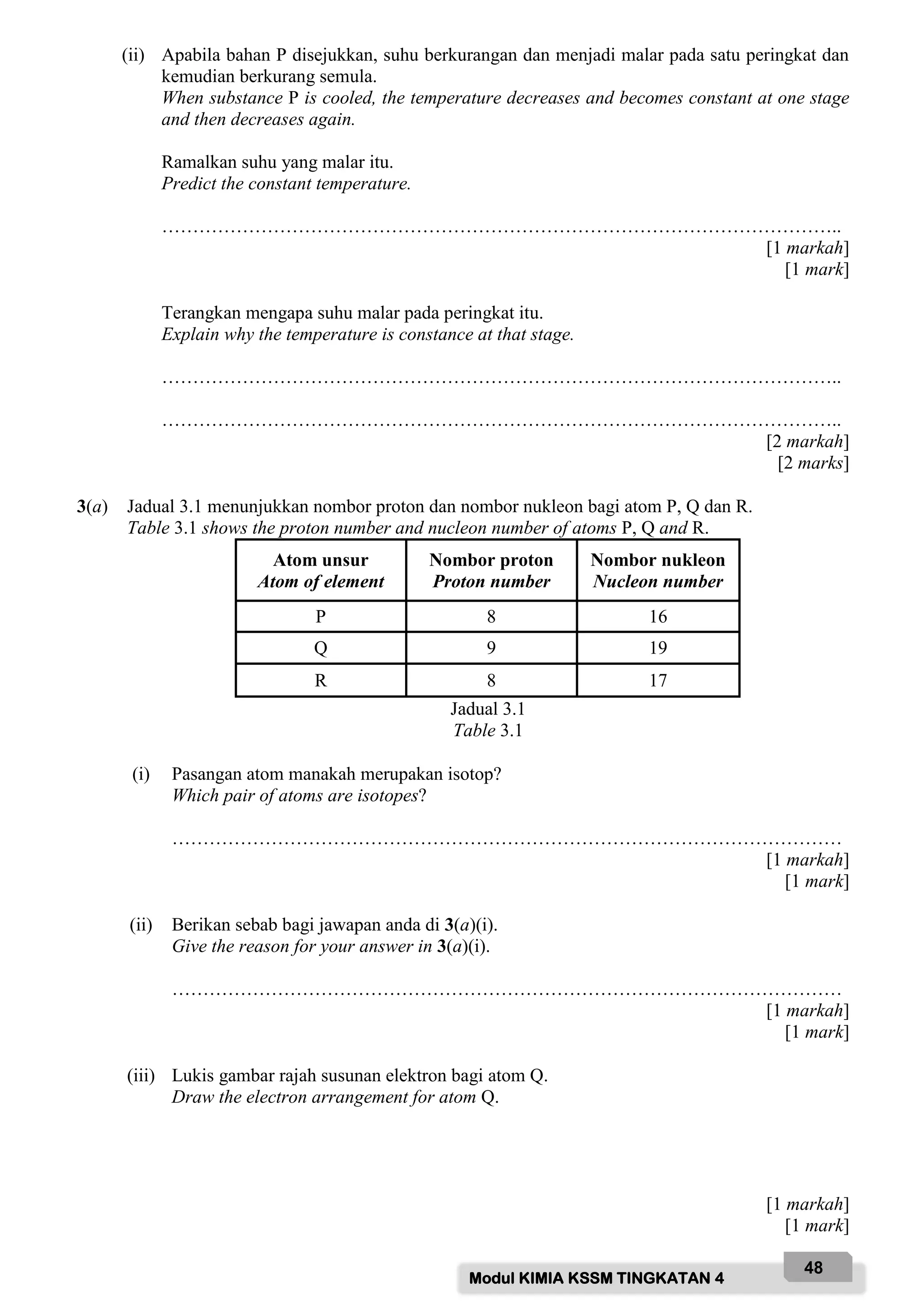 Modul KIMIA KSSM TINGKATAN 4
48
(ii) Apabila bahan P disejukkan, suhu berkurangan dan menjadi malar pada satu peringkat dan
kemudian berkurang semula.
When substance P is cooled, the temperature decreases and becomes constant at one stage
and then decreases again.
Ramalkan suhu yang malar itu.
Predict the constant temperature.
………………………………………………………………………………………………..
[1 markah]
[1 mark]
Terangkan mengapa suhu malar pada peringkat itu.
Explain why the temperature is constance at that stage.
………………………………………………………………………………………………..
………………………………………………………………………………………………..
[2 markah]
[2 marks]
3(a) Jadual 3.1 menunjukkan nombor proton dan nombor nukleon bagi atom P, Q dan R.
Table 3.1 shows the proton number and nucleon number of atoms P, Q and R.
Atom unsur
Atom of element
Nombor proton
Proton number
Nombor nukleon
Nucleon number
P 8 16
Q 9 19
R 8 17
Jadual 3.1
Table 3.1
(i) Pasangan atom manakah merupakan isotop?
Which pair of atoms are isotopes?
………………………………………………………………………………………………
[1 markah]
[1 mark]
(ii) Berikan sebab bagi jawapan anda di 3(a)(i).
Give the reason for your answer in 3(a)(i).
………………………………………………………………………………………………
[1 markah]
[1 mark]
(iii) Lukis gambar rajah susunan elektron bagi atom Q.
Draw the electron arrangement for atom Q.
[1 markah]
[1 mark]
 