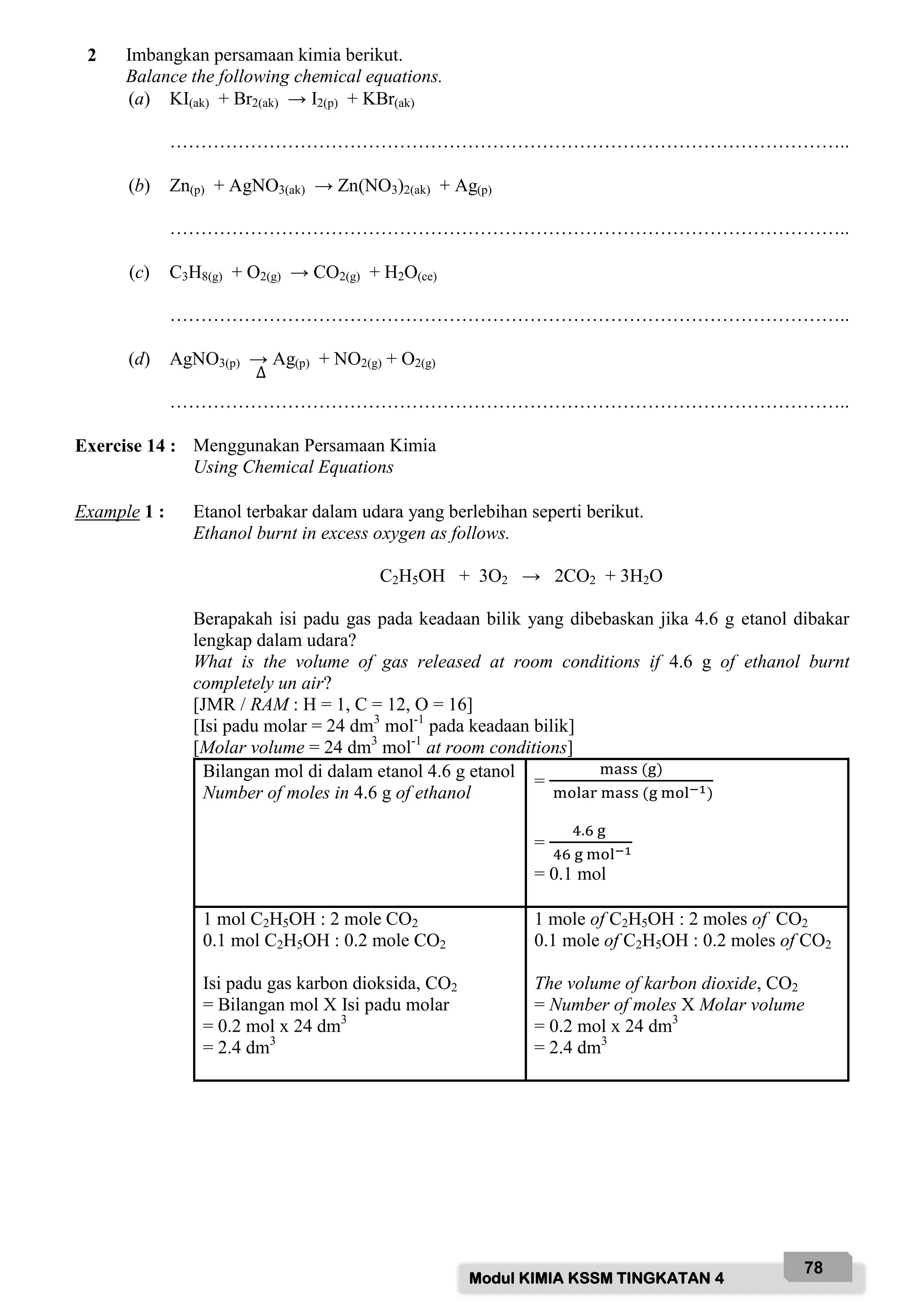 Modul KIMIA KSSM TINGKATAN 4
78
2 Imbangkan persamaan kimia berikut.
Balance the following chemical equations.
(a) KI(ak) + Br2(ak) → I2(p) + KBr(ak)
………………………………………………………………………………………………..
(b) Zn(p) + AgNO3(ak) → Zn(NO3)2(ak) + Ag(p)
………………………………………………………………………………………………..
(c) C3H8(g) + O2(g) → CO2(g) + H2O(ce)
………………………………………………………………………………………………..
(d) AgNO3(p) → Ag(p) + NO2(g) + O2(g)
………………………………………………………………………………………………..
Exercise 14 : Menggunakan Persamaan Kimia
Using Chemical Equations
Example 1 : Etanol terbakar dalam udara yang berlebihan seperti berikut.
Ethanol burnt in excess oxygen as follows.
C2H5OH + 3O2 → 2CO2 + 3H2O
Berapakah isi padu gas pada keadaan bilik yang dibebaskan jika 4.6 g etanol dibakar
lengkap dalam udara?
What is the volume of gas released at room conditions if 4.6 g of ethanol burnt
completely un air?
[JMR / RAM : H = 1, C = 12, O = 16]
[Isi padu molar = 24 dm3
mol-1
pada keadaan bilik]
[Molar volume = 24 dm3
mol-1
at room conditions]
Bilangan mol di dalam etanol 4.6 g etanol
Number of moles in 4.6 g of ethanol
=
ass (g)
ar ass (g )
=
4 6 g
46 g
= 0.1 mol
1 mol C2H5OH : 2 mole CO2
0.1 mol C2H5OH : 0.2 mole CO2
Isi padu gas karbon dioksida, CO2
= Bilangan mol X Isi padu molar
= 0.2 mol x 24 dm3
= 2.4 dm3
1 mole of C2H5OH : 2 moles of CO2
0.1 mole of C2H5OH : 0.2 moles of CO2
The volume of karbon dioxide, CO2
= Number of moles X Molar volume
= 0.2 mol x 24 dm3
= 2.4 dm3
∆
 