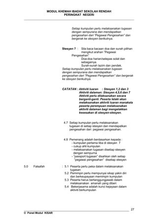 MODUL KHEMAH IBADAT SEKOLAH RENDAH
PERINGKAT NEGERI
_____________________________________________________________________
Setiap kumpulan perlu melaksanakan tugasan
dengan sempurana dan mendapatkan
pengesahan dari ”Pegawai Pengesahan” dan
bergerak ke stesyen berikutnya.
Stesyen 7 : Sila baca bacaan doa dan surah pilihan
mengikut arahan ”Pegawai
Pengesahan”
Doa-doa harian/selepas solat dan
sebagainya.
Surah-surah lazim dan pendek.
Setiap kumpulan perlu melaksanakan tugasan
dengan sempurana dan mendapatkan
pengesahan dari ”Pegawai Pengesahan” dan bergerak
ke stesyen berikutnya.
CATATAN : Aktiviti luaran : Stesyen 1,2 dan 3
Aktiviti dalaman: Stesyen 4,5,6 dan 7
Aktiviti perlu dilaksanakan secara
berganti-ganti. Peserta lelaki akan
melaksanakan aktiviti luaran manakala
peserta perempuan melaksanakan
aktiviti dalaman bagi mengelakkan
kesesakan di stesyen-stesyen.
4.7 Setiap kumpulan perlu melaksanakan
tugasan di setiap stesyen dan mendapatkan
pengesahan dari pegawai pengesahan.
4.8 Pemenang adalah berdasarkan kepada :
- kumpulan pertama tiba di stesyen 7
- cukup ahli kumpulan
- melaksanakan tugasan disetiap stesyen
dengan sempurna
- ”passport tugasan” disahkan oleh setiap
”pegawai pengesahan” disetiap stesyen
5.0 Falsafah : 5.1 Peserta perlu peka dalam melaksanakan
tugasan
5.2 Pemimpin perlu mempunyai sikap yakin diri
dan berkeupayaan memimpin kumpulan
5.3 Peserta harus bertanggungjawab dalam
melaksanakan amanah yang diberi
5.4 Bekerjasama adalah kunci kejayaan dalam
aktiviti berkumpulan
__________________________________________________________________
© Panel Modul KISAR
27
 