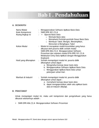 Bab I . Pendahuluan
A. DESKRIPSI
Nama Modul
Kode Kompetensi
Ruang lingkup isi

Kaitan Modul

Hasil yang diharapkan

Manfaat di Industri

: Mengoperasikan Software Aplikasi Basis Data
: SWR.OPR.301.(1).A
: • Operasi Basis Data
o Memulai Basis data
o Memahami Perintah-perintah Dasar Basis Data
o Membuat Tabel, Mengisi, Menampilkan,
Mencetak & Menghapus Tabel
: Modul ini merupakan modul kesembilan yang harus
dikuasai oleh peserta didik setelah modul
SWR.OPR.406.(1).A Mengoperasikan Software
Presentasi dan sebelum modul DTA.OPR.101.(1).A
Melakukan Entry Data Aplikasi dengan Menggunakan
Keyboard.
: Setelah mempelajari modul ini, peserta didik
diharapkan untuk dapat :
a. Mengetahui konsep dasar basis data
b. Mengoperasikan Software Aplikasi Basis Data
c. Menggunakan Aplikasi Basis Data untuk
pekerjaan sehari-hari.
: Setelah mempelajari modul ini, peserta didik
diharapkan untuk dapat :
a. memahami konsep dasar basis data;
b. dapat mengoperasikan salah satu aplikasi basis
data di Industri (MySql).

B. PRASYARAT
Untuk mempelajari modul ini, maka unit kompetensi dan pengetahuan yang harus
dikuasai sebelumnya adalah :
•

SWR.OPR.406.(1).A Mengoperasikan Software Presentasi

Modul : Mengoperasikan PC Stand alone dengan sistem operasi berbasis GUI

1

 