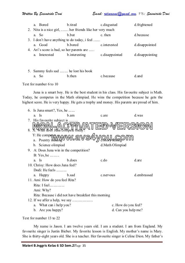 Soal uas bahasa inggris kelas 6 sd semester 1 final exam 2016 Soal uas bahasa inggris kelas 6 sd semester 1 final exam 2016
