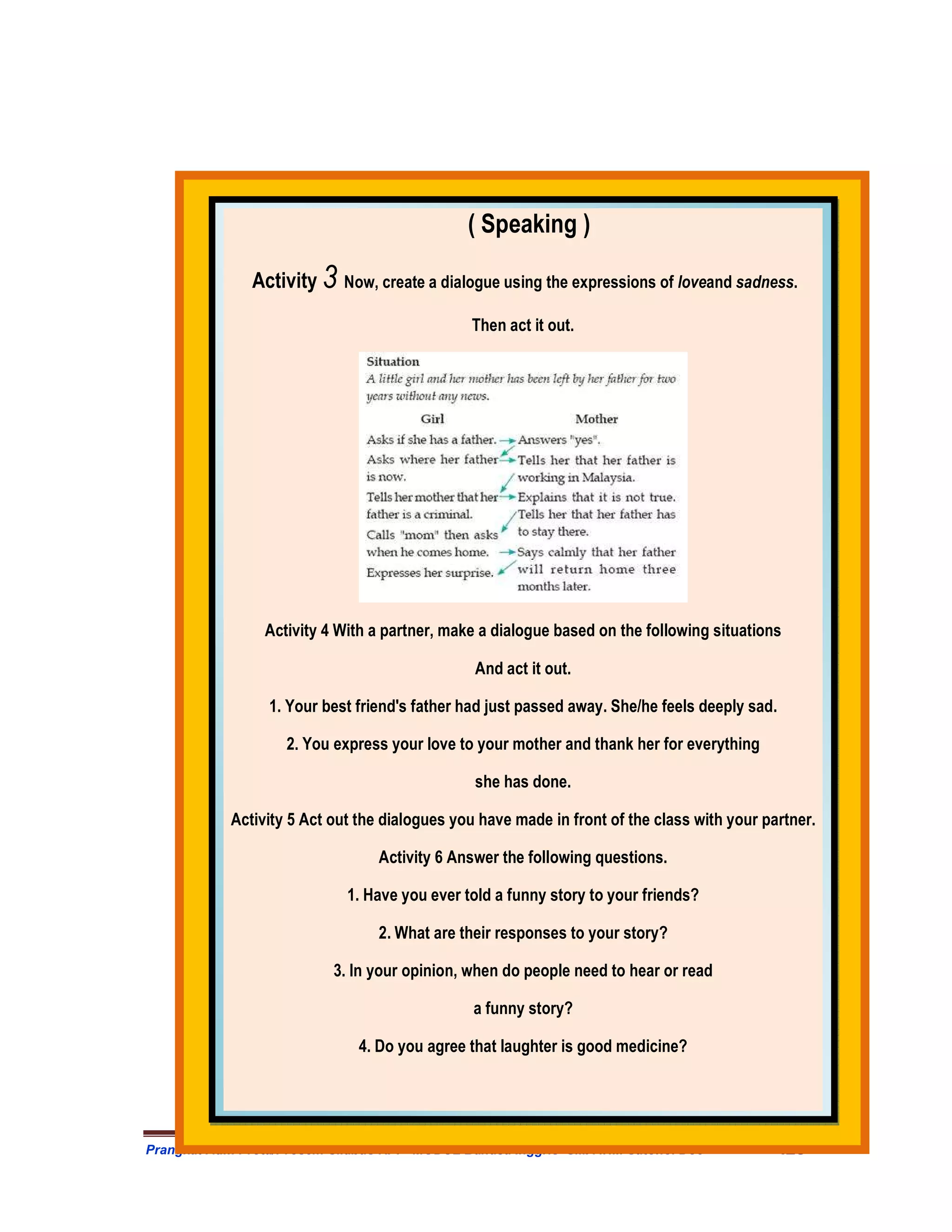 ( Speaking )

              Activity 3 Now, create a dialogue using the expressions of loveand sadness.
                                              Then act it out.




                Activity 4 With a partner, make a dialogue based on the following situations

                                               And act it out.

                 1. Your best friend's father had just passed away. She/he feels deeply sad.

                   2. You express your love to your mother and thank her for everything

                                               she has done.

           Activity 5 Act out the dialogues you have made in front of the class with your partner.

                                 Activity 6 Answer the following questions.

                            1. Have you ever told a funny story to your friends?

                                 2. What are their responses to your story?

                          3. In your opinion, when do people need to hear or read

                                               a funny story?

                              4. Do you agree that laughter is good medicine?




Prangkat Adm Prota/Prosem Silabus RPP MODUL Bahasa Inggris SMA .HM Satono. Doc              423
 