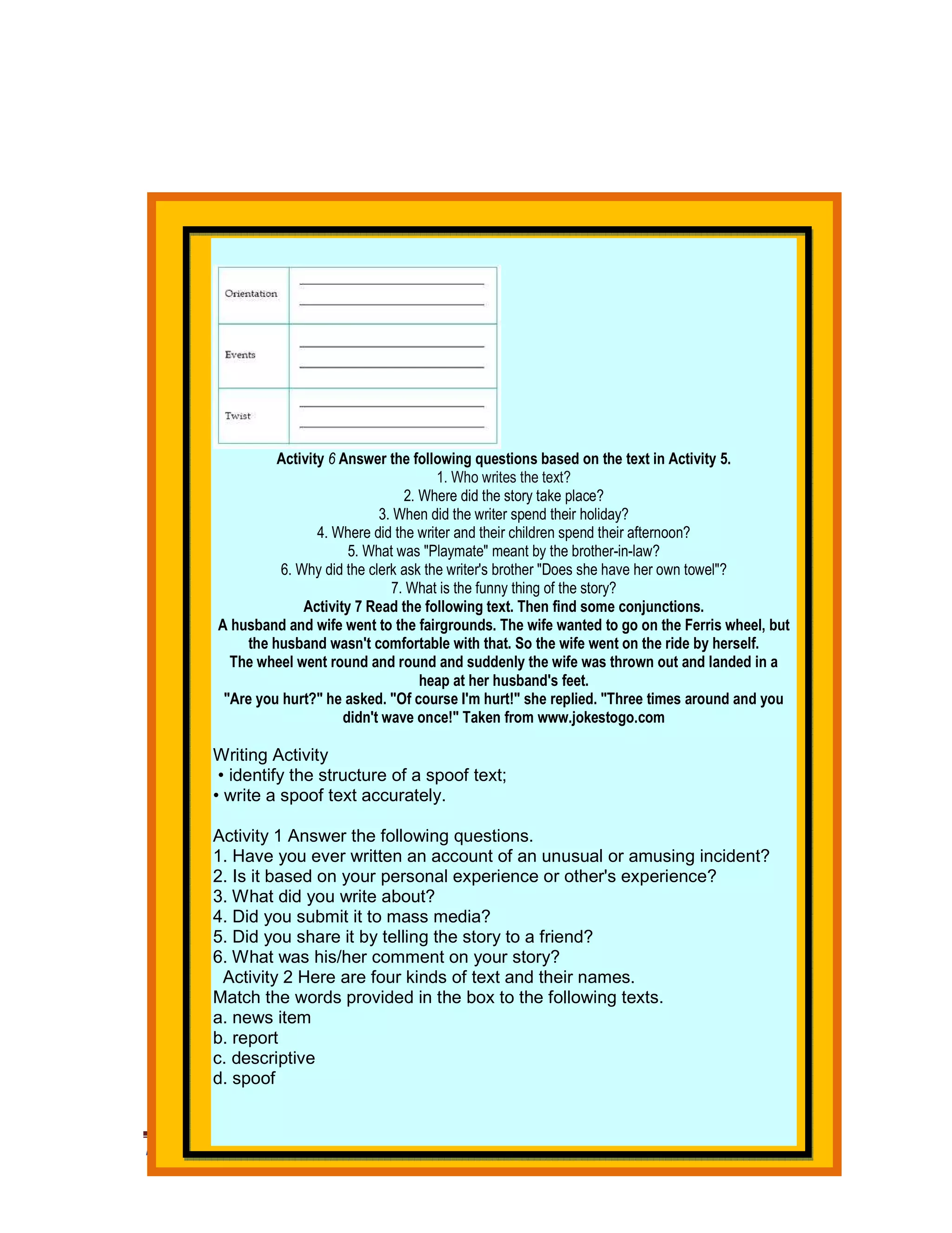 Activity 6 Answer the following questions based on the text in Activity 5.
                                                1. Who writes the text?
                                          2. Where did the story take place?
                                     3. When did the writer spend their holiday?
                           4. Where did the writer and their children spend their afternoon?
                                5. What was "Playmate" meant by the brother-in-law?
                    6. Why did the clerk ask the writer's brother "Does she have her own towel"?
                                       7. What is the funny thing of the story?
                        Activity 7 Read the following text. Then find some conjunctions.
          A husband and wife went to the fairgrounds. The wife wanted to go on the Ferris wheel, but
               the husband wasn't comfortable with that. So the wife went on the ride by herself.
            The wheel went round and round and suddenly the wife was thrown out and landed in a
                                             heap at her husband's feet.
           "Are you hurt?" he asked. "Of course I'm hurt!" she replied. "Three times around and you
                               didn't wave once!" Taken from www.jokestogo.com

         Writing Activity
          • identify the structure of a spoof text;
         • write a spoof text accurately.

         Activity 1 Answer the following questions.
         1. Have you ever written an account of an unusual or amusing incident?
         2. Is it based on your personal experience or other's experience?
         3. What did you write about?
         4. Did you submit it to mass media?
         5. Did you share it by telling the story to a friend?
         6. What was his/her comment on your story?
          Activity 2 Here are four kinds of text and their names.
         Match the words provided in the box to the following texts.
         a. news item
         b. report
         c. descriptive
         d. spoof



Prangkat Adm Prota/Prosem Silabus RPP MODUL Bahasa Inggris SMA .HM Satono. Doc                   428
 