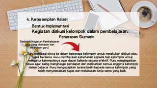 4. Keterampilan Relasi
Bentuk Implementasi
Kegiatan diskusi kelompok dalam pembelajaran.
Penerapan Skenario
Guru membagi siswa ke dalam beberapa kelompok untuk melakukan diskusi atau
tugas bersama. Guru memberikan kebebasan kepada tiap kelompok untuk
mengatur kelompoknya agar dapat bekerja secara efektif. Guru mengingatkan
siswa agar saling menghargai pendapat dan melibatkan semua anggota kelompok
dalam bekerja. Guru mengucapkan terima kasih kepada semua kelompok yang
telah menyelesaikan tugas dan melakukan kerja sama yang baik.


Deskripsi Kegiatan Pembelajaran
(apa yang dilakukan dan
dikatakan guru)


 