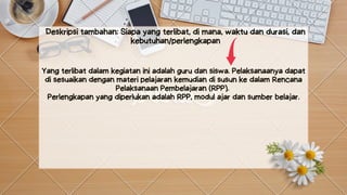 Yang terlibat dalam kegiatan ini adalah guru dan siswa. Pelaksanaanya dapat
di sesuaikan dengan materi pelajaran kemudian di susun ke dalam Rencana
Pelaksanaan Pembelajaran (RPP).
Perlengkapan yang diperlukan adalah RPP, modul ajar dan sumber belajar.




Deskripsi tambahan: Siapa yang terlibat, di mana, waktu dan durasi, dan
kebutuhan/perlengkapan


 