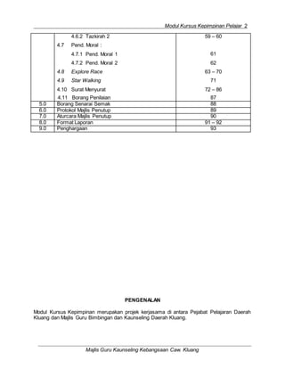Modul Kursus Kepimpinan Pelajar 2
Majlis Guru Kaunseling Kebangsaan Caw. Kluang
4.6.2 Tazkirah 2
4.7 Pend. Moral :
4.7.1 Pend. Moral 1
4.7.2 Pend. Moral 2
4.8 Explore Race
4.9 Star Walking
4.10 Surat Menyurat
4.11 Borang Penilaian
59 – 60
61
62
63 – 70
71
72 – 86
87
5.0 Borang Senarai Semak 88
6.0 Protokol Majlis Penutup 89
7.0 Aturcara Majlis Penutup 90
8.0 Format Laporan 91 – 92
9.0 Penghargaan 93
PENGENALAN
Modul Kursus Kepimpinan merupakan projek kerjasama di antara Pejabat Pelajaran Daerah
Kluang dan Majlis Guru Bimbingan dan Kaunseling Daerah Kluang.
 