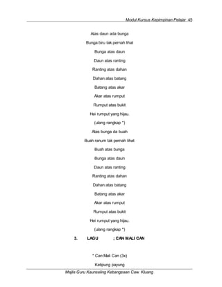 Majlis Guru Kaunseling Kebangsaan Caw. Kluang
Modul Kursus Kepimpinan Pelajar 45
Atas daun ada bunga
Bunga biru tak pernah lihat
Bunga atas daun
Daun atas ranting
Ranting atas dahan
Dahan atas batang
Batang atas akar
Akar atas rumput
Rumput atas bukit
Hei rumput yang hijau.
(ulang rangkap *)
Atas bunga da buah
Buah ranum tak pernah lihat
Buah atas bunga
Bunga atas daun
Daun atas ranting
Ranting atas dahan
Dahan atas batang
Batang atas akar
Akar atas rumput
Rumput atas bukit
Hei rumput yang hijau.
(ulang rangkap *)
3. LAGU ; CAN MALI CAN
* Can Mali Can (3x)
Ketipung payung
 