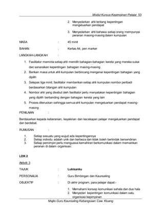 Modul Kursus Kepimpinan Pelajar 53
Majlis Guru Kaunseling Kebangsaan Caw. Kluang
2. Menyedarkan ahli tentang kepentingan
mengeluarkan pendapat
3. Menyedarkan ahli bahawa setiap orang mempunyai
peranan masing-masing dalam kumpulan
MASA : 45 minit
BAHAN : Kertas A4, pen marker
LANGKAH-LANGKAH :
1. Fasilitator meminta setiap ahli memilih bahagian-bahagian kereta yang mereka sukai
dan senaraikan kepentingan bahagian masing-masing
2. Berikan masa untuk ahli kumpulan berbincang mengenai kepentingan bahagian yang
dipilih
3. Selepas tiga minit, fasilitator memberikan setiap ahli kumpulan nombor peribadi
berdasarkan bilangan ahli kumpulan
4. Nombor ahli yang disebut oleh fasilitator perlu menyatakan kepentingan bahagian
yang dipilih berbanding dengan bahagian kereta yang lain
5. Proses diteruskan sehingga semua ahli kumpulan mengeluarkan pendapat masing-
masing
PENILAIAN :
Berdasarkan kepada keberanian, keyakinan dan kecekapan pelajar mengeluarkan pendapat
dan berdebat.
RUMUSAN :
1. Setiap sesuatu yang wujud ada kepentingannya
2. Setiap individu adalah unik dan berbeza dan tidak boleh bertindak bersendirian
3. Setiap pemimpin perlu menguasai kemahiran berkomunikasi dalam memainkan
peranan di dalam organisasi.
LDK 2
Aktiviti 3
TAJUK : Lukisanku
PERSONALIA : Guru Bimbingan dan Kaunseling
OBJEKTIF : Di akhir program, para pelajar dapat:-
1. Memahami konsep komunikasi sehala dan dua hala
2. Menyedari kepentingan komunikasi dalam satu
organisasi kepimpinan
 