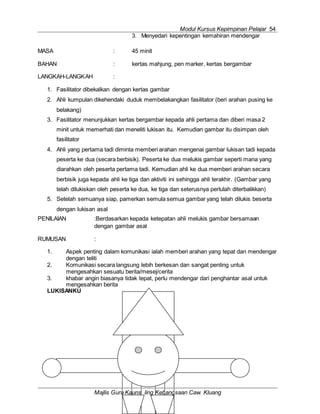 Modul Kursus Kepimpinan Pelajar 54
ang
Keb
ling
unse
Ka
3. Menyedari kepentingan kemahiran mendengar
MASA : 45 minit
BAHAN : kertas mahjung, pen marker, kertas bergambar
LANGKAH-LANGKAH :
1. Fasilitator dibekalkan dengan kertas gambar
2. Ahli kumpulan dikehendaki duduk membelakangkan fasilitator (beri arahan pusing ke
belakang)
3. Fasilitator menunjukkan kertas bergambar kepada ahli pertama dan diberi masa 2
minit untuk memerhati dan meneliti lukisan itu. Kemudian gambar itu disimpan oleh
fasilitator
4. Ahli yang pertama tadi diminta memberi arahan mengenai gambar lukisan tadi kepada
peserta ke dua (secara berbisik). Peserta ke dua melukis gambar seperti mana yang
diarahkan oleh peserta pertama tadi. Kemudian ahli ke dua memberi arahan secara
berbisik juga kepada ahli ke tiga dan aktiviti ini sehingga ahli terakhir. (Gambar yang
telah dilukiskan oleh peserta ke dua, ke tiga dan seterusnya perlulah diterbalikkan)
5. Setelah semuanya siap, pamerkan semula semua gambar yang telah dilukis beserta
dengan lukisan asal
PENILAIAN :Berdasarkan kepada ketepatan ahli melukis gambar bersamaan
dengan gambar asal
RUMUSAN :
1. Aspek penting dalam komunikasi ialah memberi arahan yang tepat dan mendengar
dengan teliti
2. Komunikasi secara langsung lebih berkesan dan sangat penting untuk
mengesahkan sesuatu berita/mesej/cerita
3. khabar angin biasanya tidak tepat, perlu mendengar dari penghantar asal untuk
mengesahkan berita
LUKISANKU
Majlis Guru saan Caw. Kluang
 