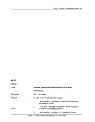 Modul Kursus Kepimpinan Pelajar 55
Majlis Guru Kaunseling Kebangsaan Caw. Kluang
LDK 3
Aktiviti 1
Tajuk : Simulasi (Sambutan Hari Guru/Majlis Anugerah
Cemerlang)
Personalia : Guru Pengawas
Objektif : Di akhir modul ini peserta akan dapat :
1. Menanamkan sikap tanggungjawab terhadap tugas
yang diamanahkan.
2. Memupuk semangat bekerjasama dalam kumpulan
untuk menghasilkan kerja yang terbaik.
3. Meningkatkan keyakinan diri sebagai pemimpin
 