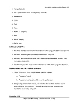 Modul Kursus Kepimpinan Pelajar 66
Majlis Guru Kaunseling Kebangsaan Caw. Kluang
1. Kain pelikat/batik
2. Telur ayam/ Biskut/ 66elo nisi air (Barang amanah)
3. Air Minuman
4. Sudu
5. Roti
6. Kaya
7. Kertas A4 (origami)
8. Pen
9. Kertas Mahjong
10. Marker pen
LANGKAH-LANGKAH:
1. Fasilitator memberi arahan/ taklimat dan bahan-bahan yang perlu dibawa oleh peserta
2. Fasilitator membahagikan peserta kepada beberapa kumpulan.
3. Fasilitator perlu memastikan setiap check point mempunyai seorang fasilitator untuk
memegang check point.
4. Pastikan tempat untuk check point mestilah sesuai untuk aktiviti yang akan dijalankan.
DI AKHIR EXPLORE RACE: (MASA- 40 MINIT)
1. Setiap kumpulan di minta menyenaraikan di kertas mahjong:
a. Pengajaran/ moral
b. Pengalaman dari segi kognitif, emosi dan psikomotor.
2. Setiap kumpulan diminta membuat persembahan dan fasilitator memberi respon
setiap pendapat yang diberikan. Fasilitator perlu menekankan kerjasama dan
kepimpinan pada setiap kumpulan.
Kumpulan 1-10
 